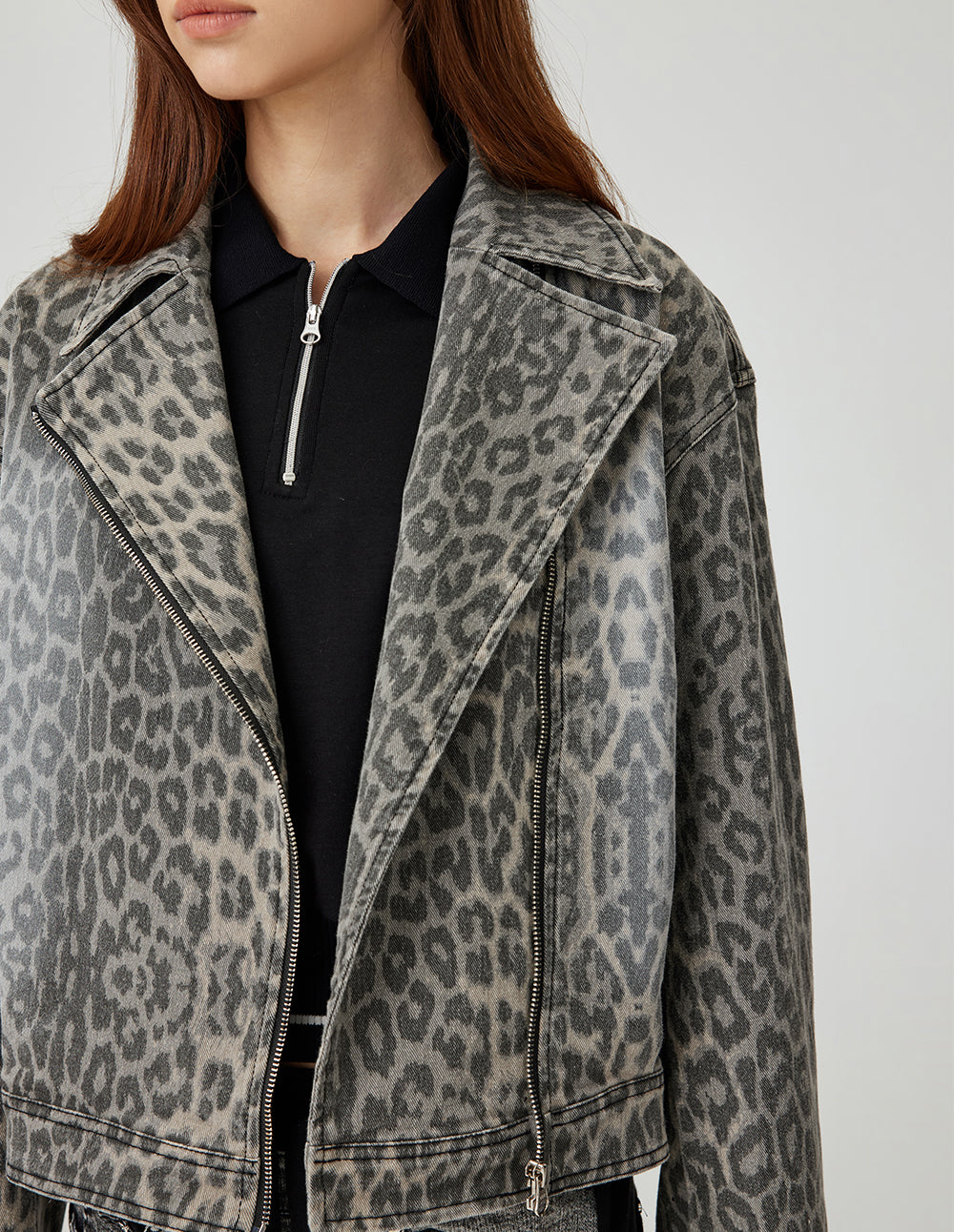 MF neat large lapel slant placket zipper gray leopard print washed denim jacket