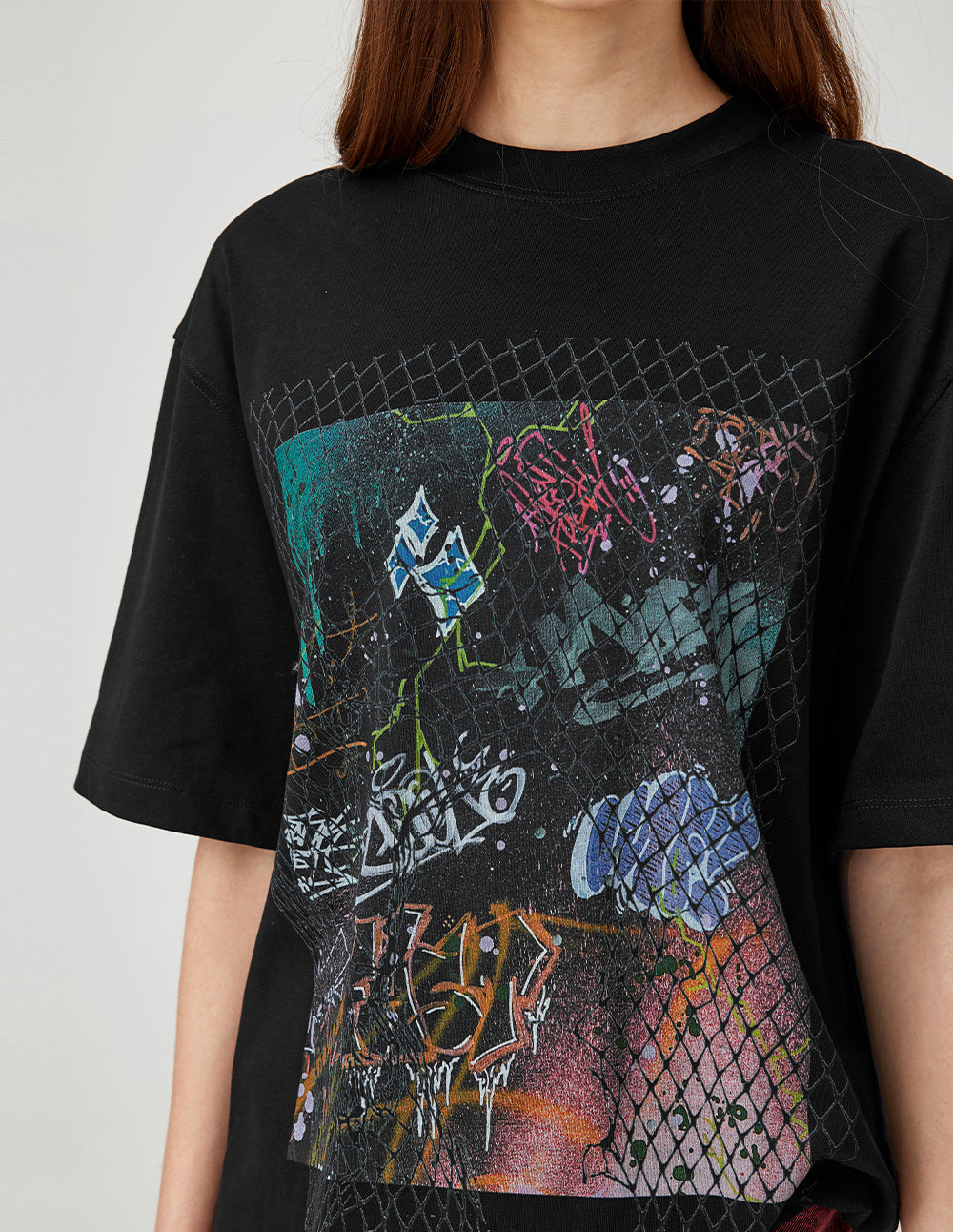 MF Unisex Threaded Small Round Neck Grid Lightning Pattern Abstract Print Loose Cotton T-Shirt