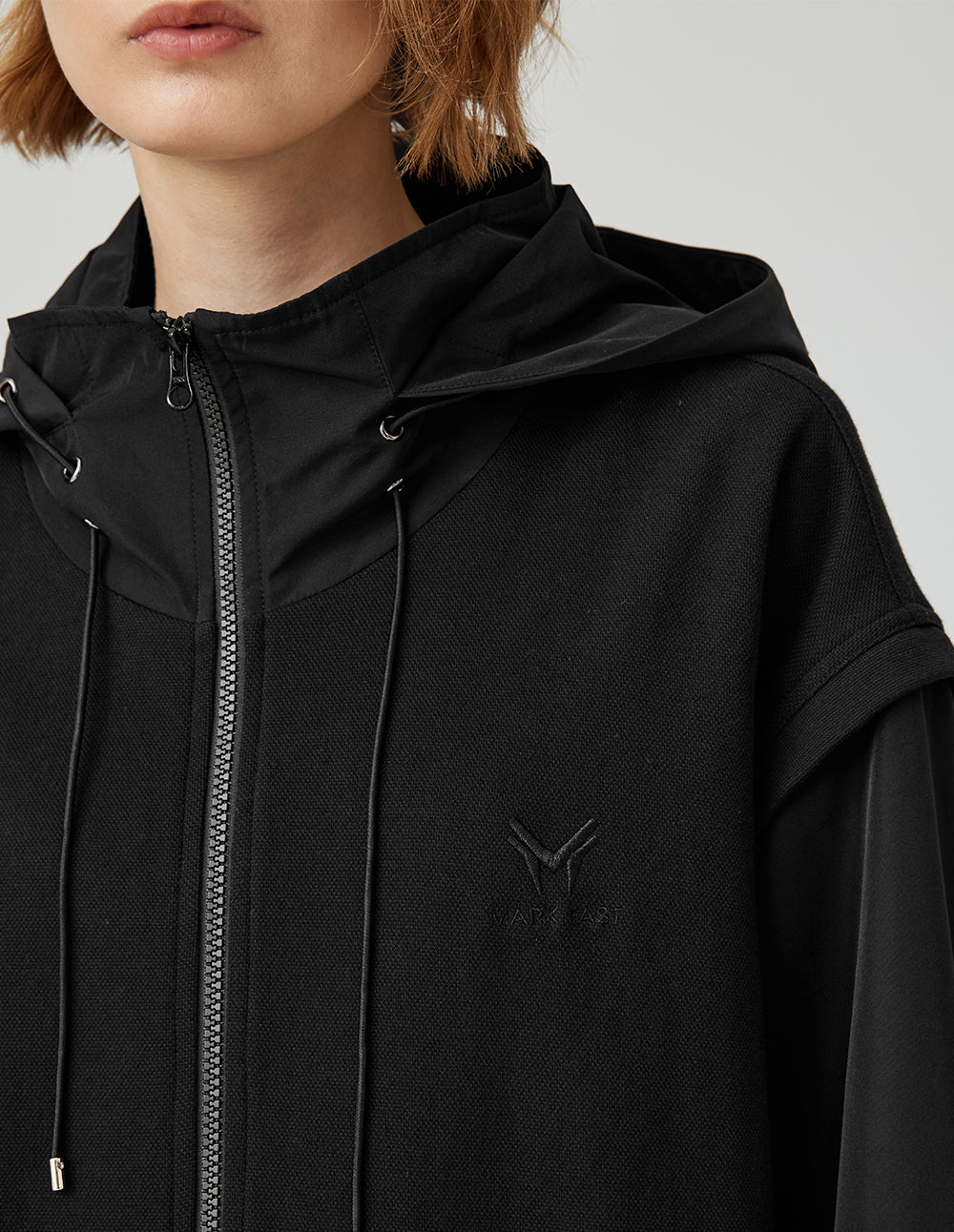 MF Hooded Drawstring Zipper Layered Loose Black Jacket