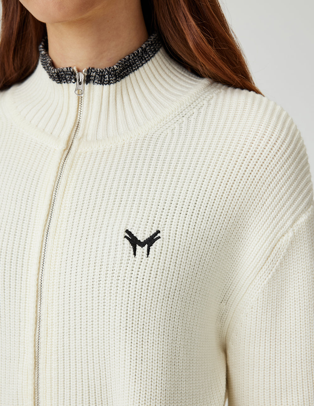 MF Ribbed Stand Collar White Tie-Waist Cardigan