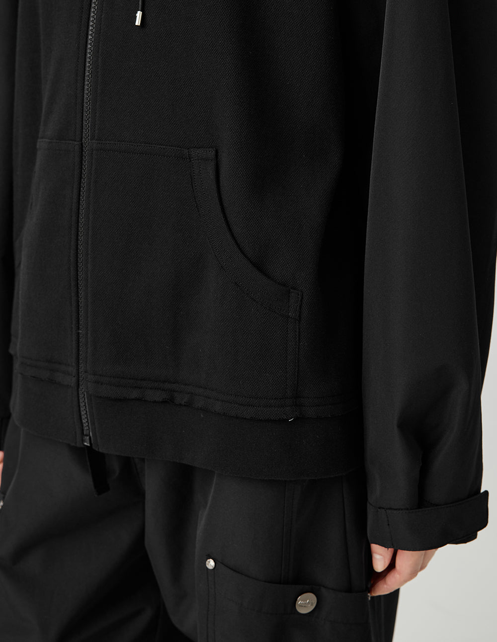 MF Hooded Drawstring Zipper Layered Loose Black Jacket