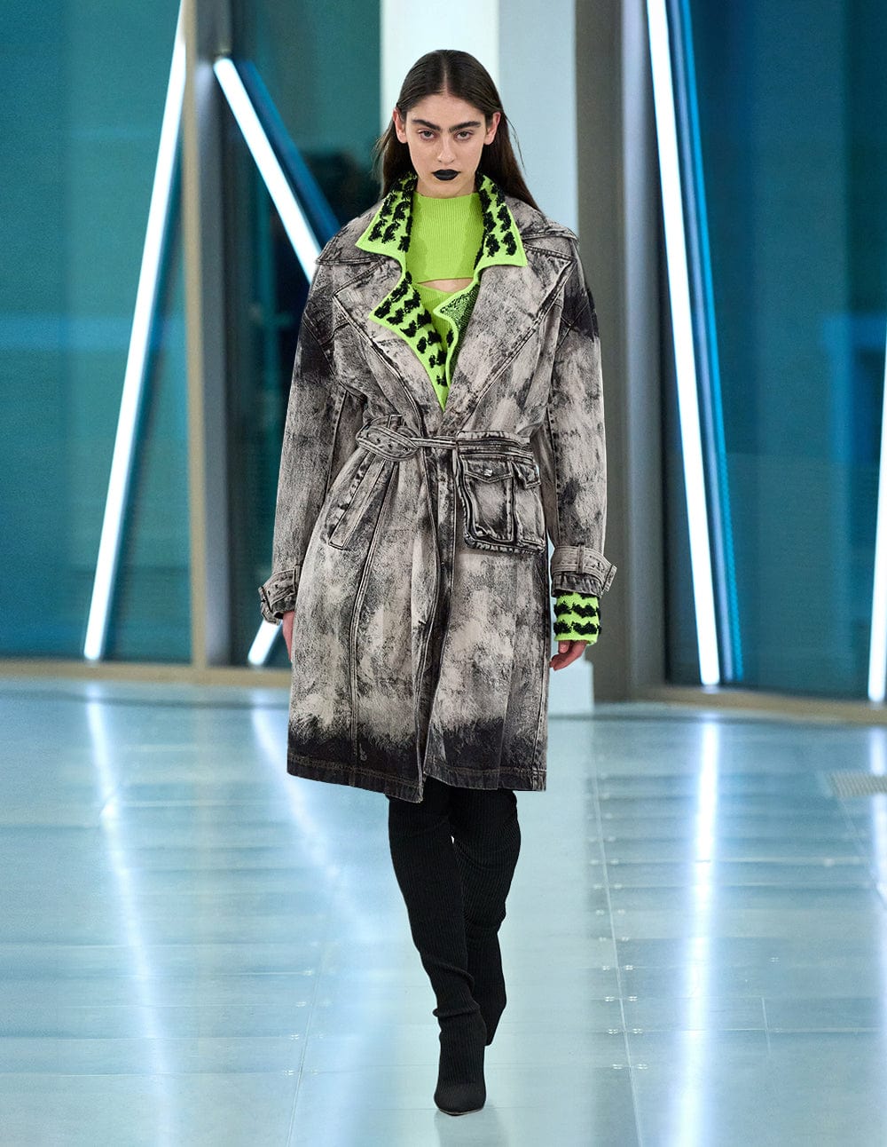 Unisex Lace-Up Belted Bleached Washed Denim Coat