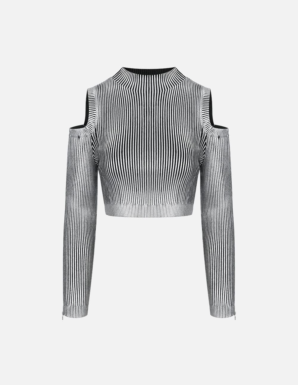 Womens Hot Silver Off-Shoulder Knit Sweater