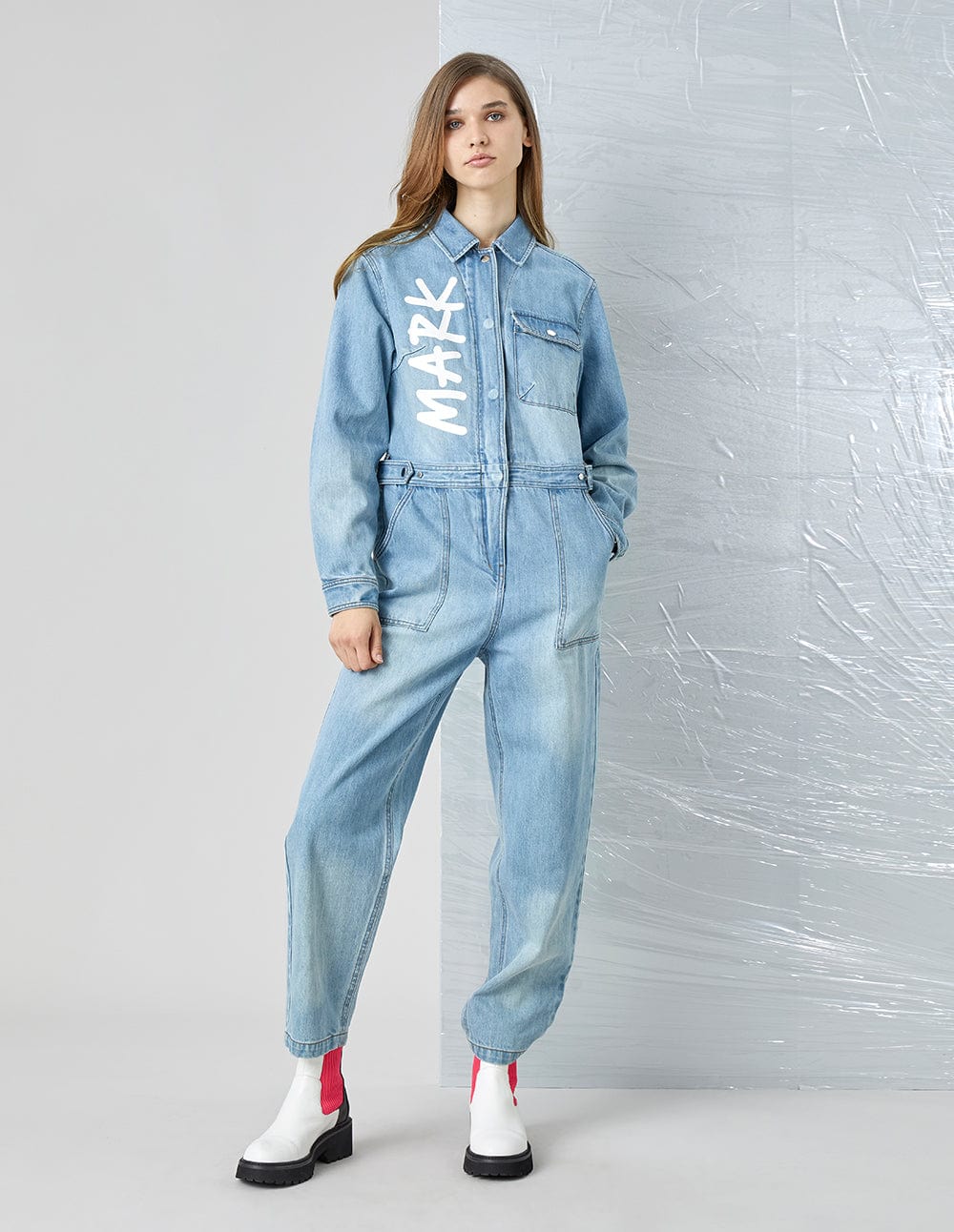 Women Washed Zipper Denim Jumpsuit
