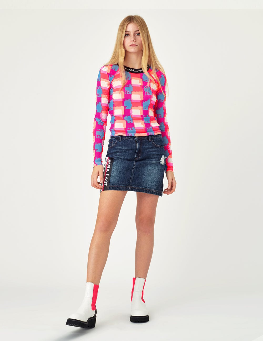 Women Printed And Embroidered Washed Denim Skirt