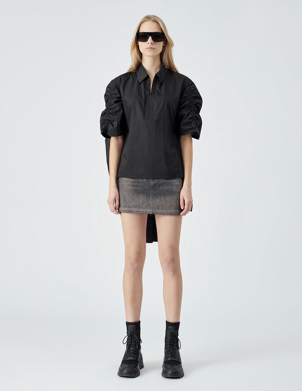 Women's Black Lace-Up Ruched Top