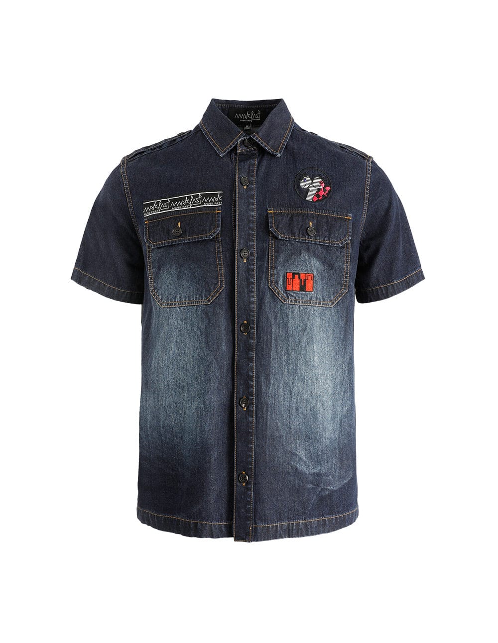Men Mf Logo Embroidery Washed Denim Short Sleeve Shirt