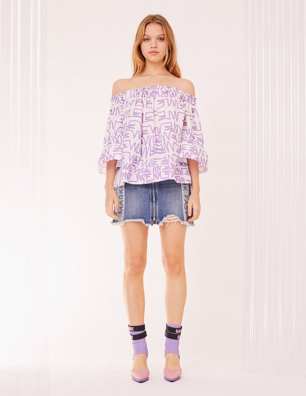 Women Mf Graffiti Pattern Off-Shoulder Wide Sleeve Blouse