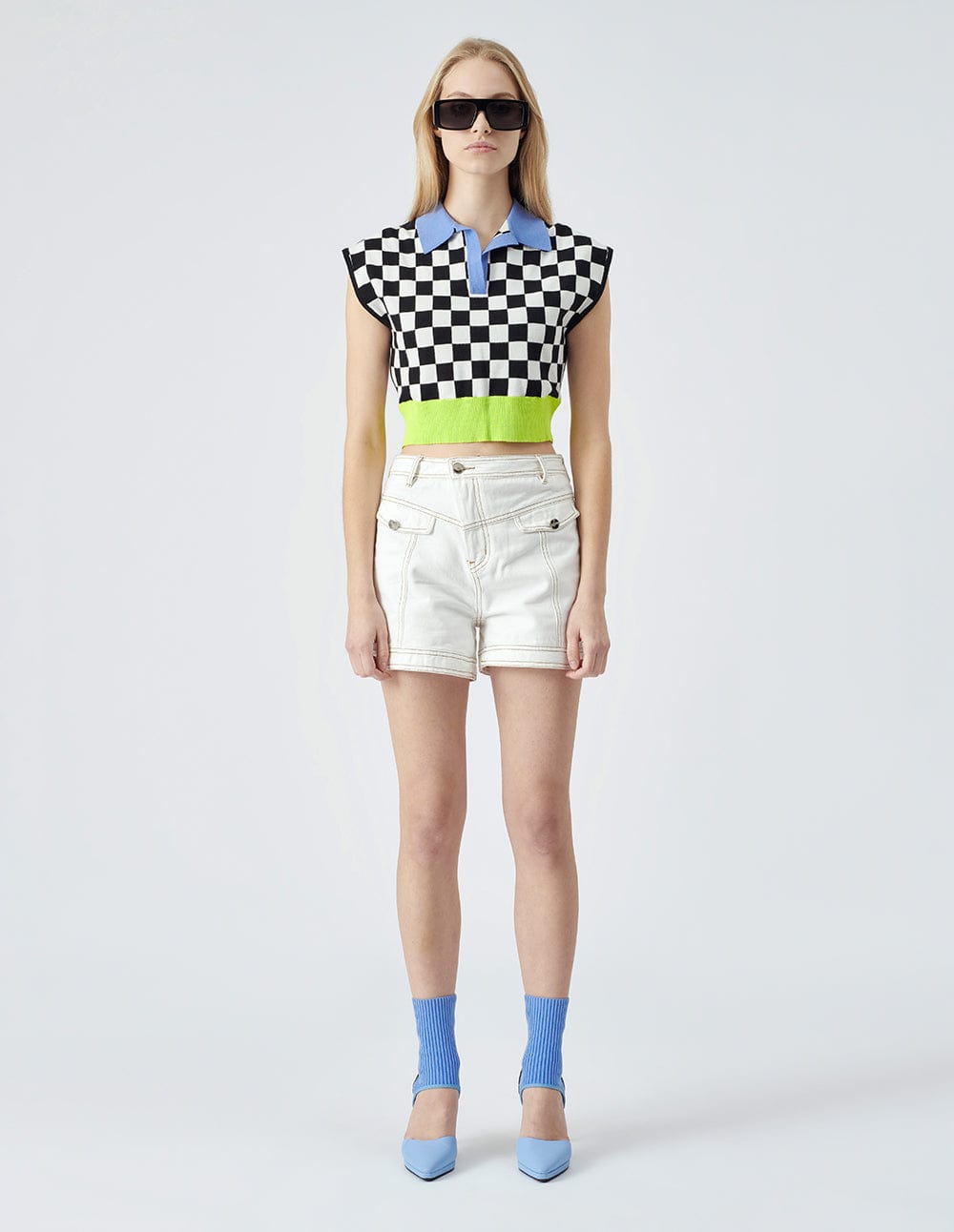 Women's Black and White Checkered Shoulder Pad Knit Sweater