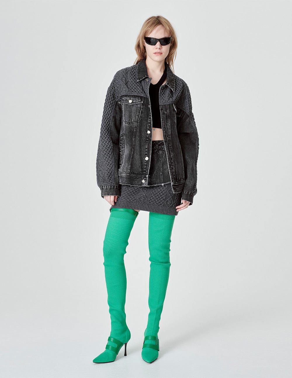 Women's Denim Patchwork Mini Knit Skirt