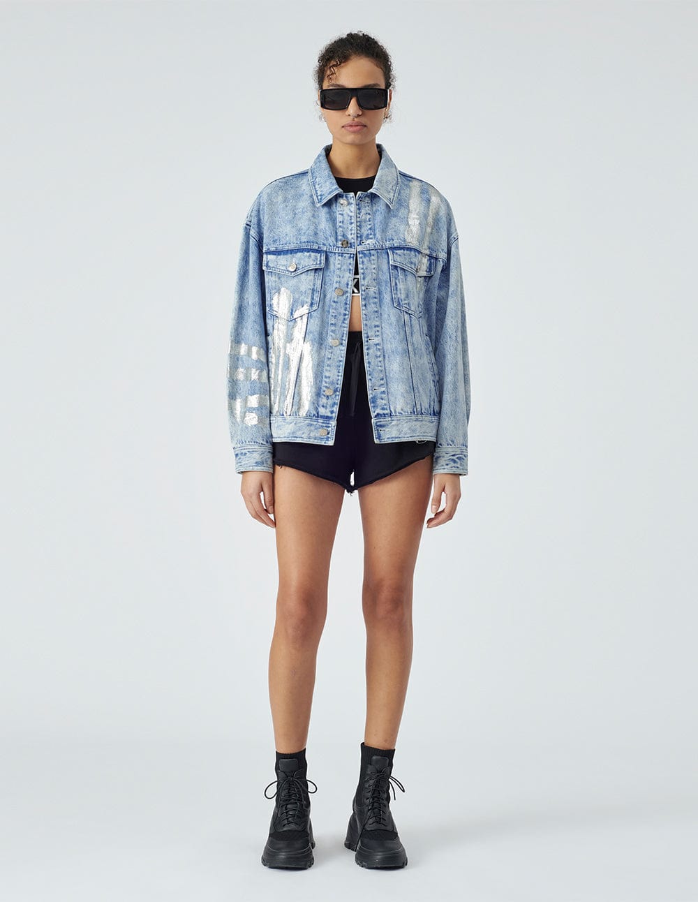 Unisex blue printed washed denim jacket
