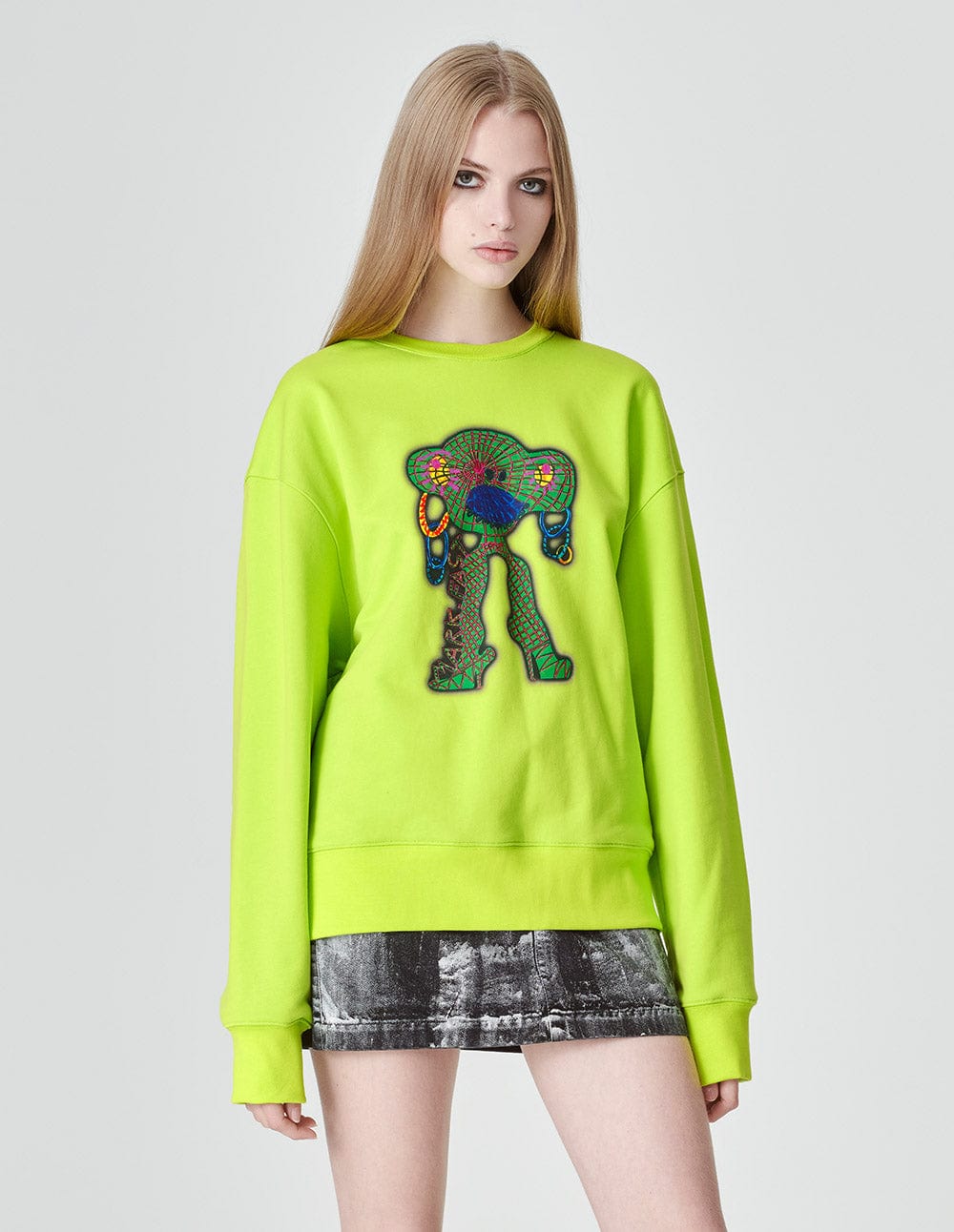 Unisex Style Fluorescent Green Cotton Print Sweatshirt