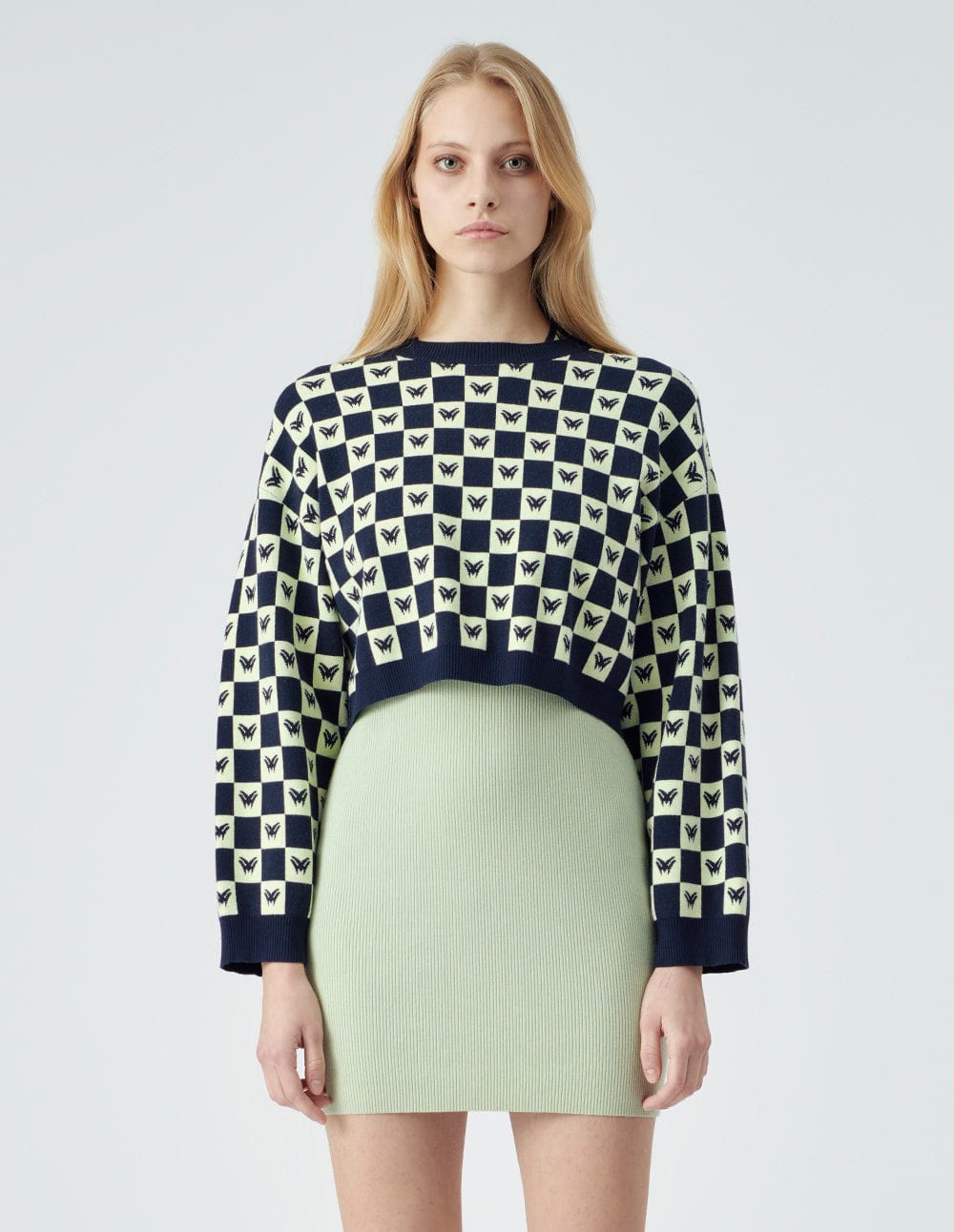 Women's Blue And Green Checkerboard Knit Sweater