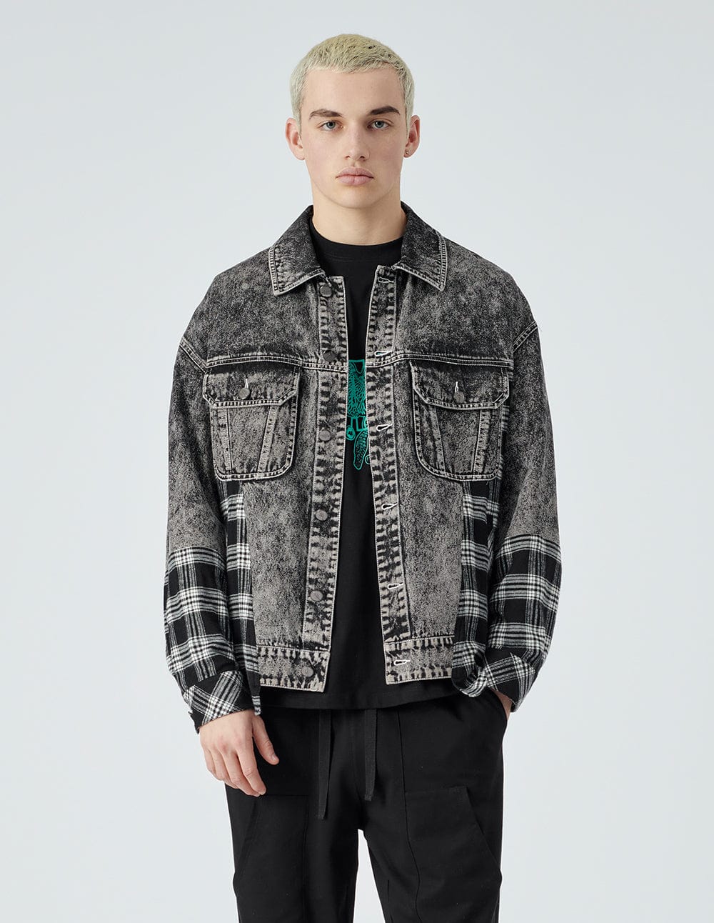 Unisex's Plaid Stitching Denim Jacket