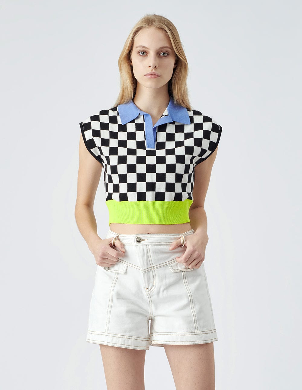 Women's Black and White Checkered Shoulder Pad Knit Sweater