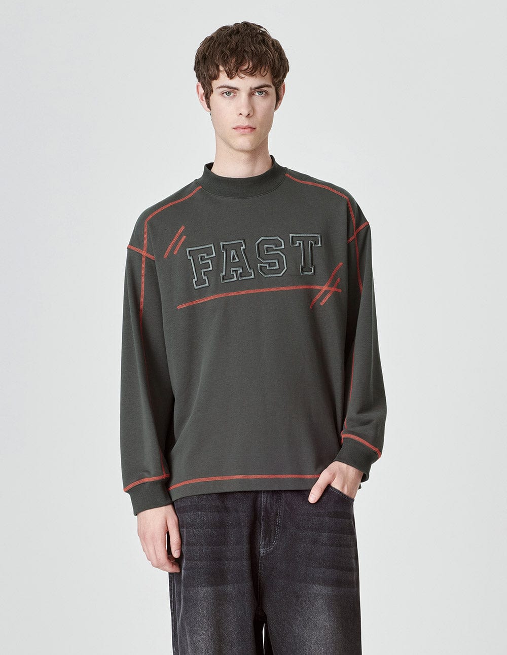 Couple Style Dark Gray Logo Embroidered Sweatshirt