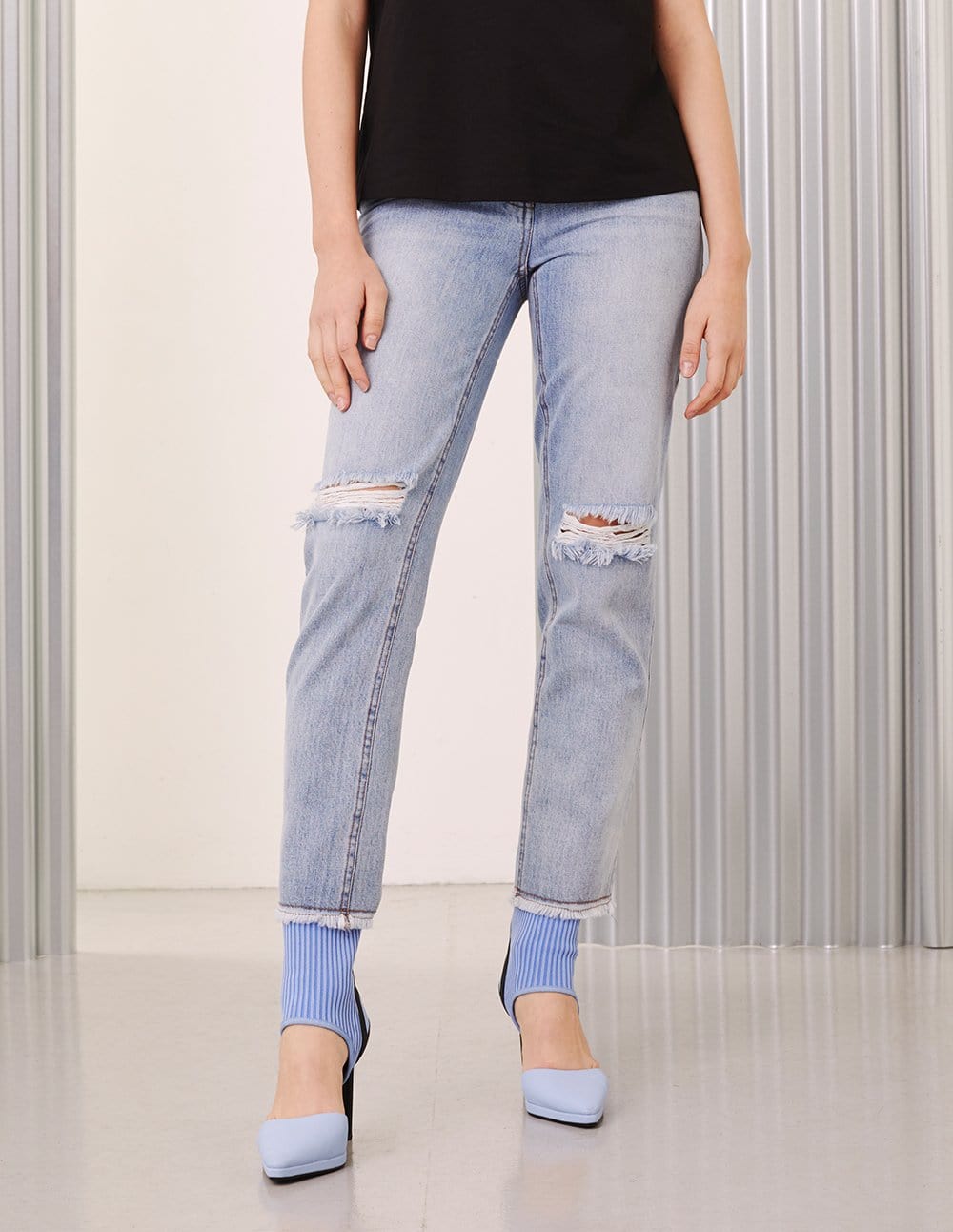 Women Light Blue Washed Denim Vintage Ripped Hole Jeans