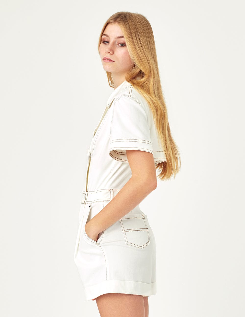 Cassie White Stretched Double-Breasted Denim Jumpsuit