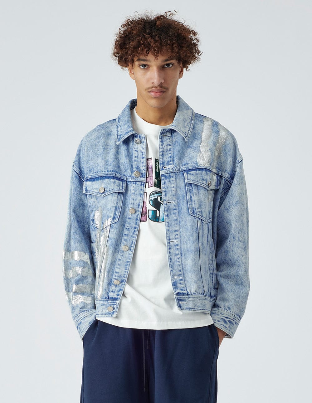 Unisex blue printed washed denim jacket