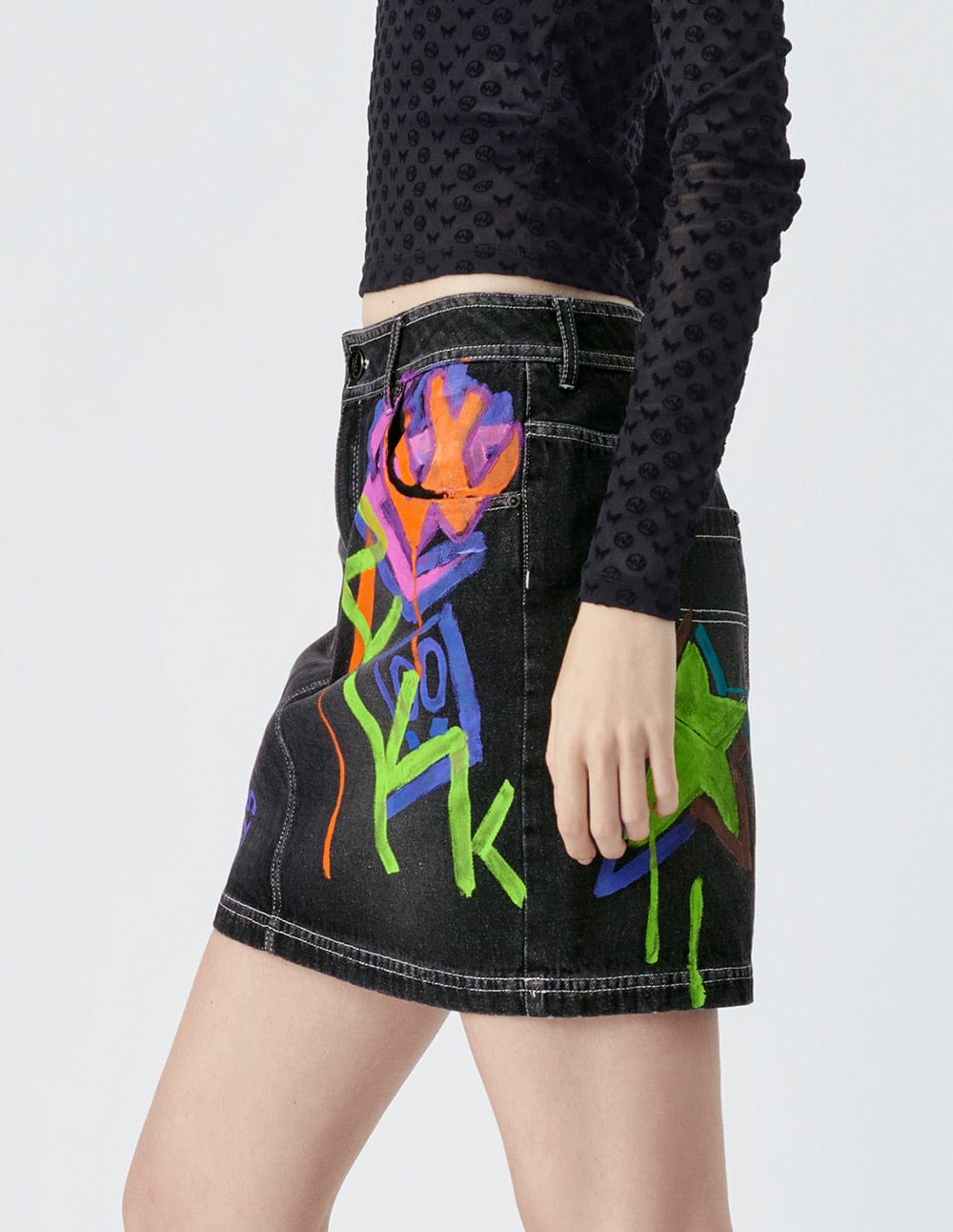 Graffiti Print Denim Short Skirt