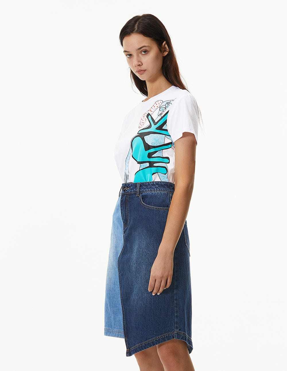 Women Color Block Asymmetric Denim Skirt