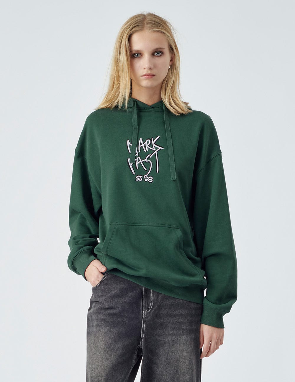 Unisex style dark green print hoodie