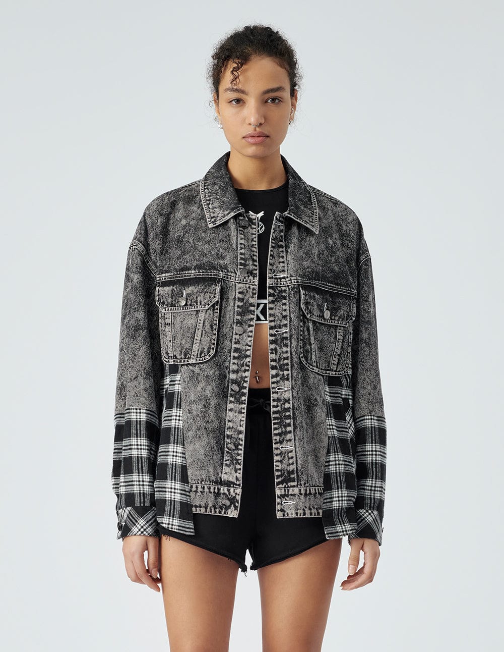 Unisex's Plaid Stitching Denim Jacket