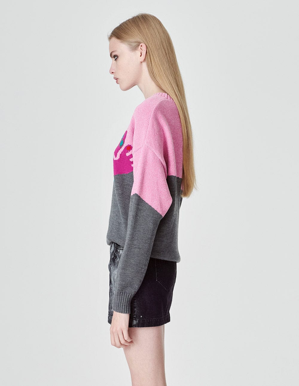 Women's Pink Gray Jacquard Sweater