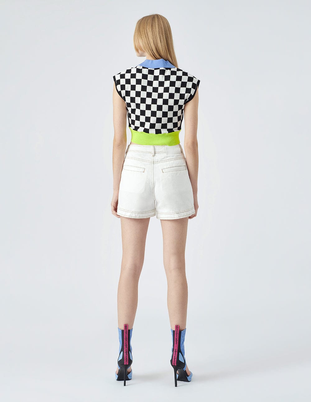 Women's Black and White Checkered Shoulder Pad Knit Sweater