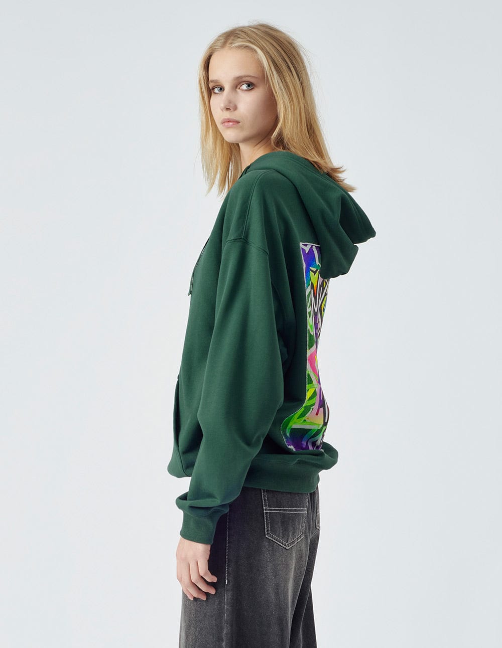 Unisex style dark green print hoodie