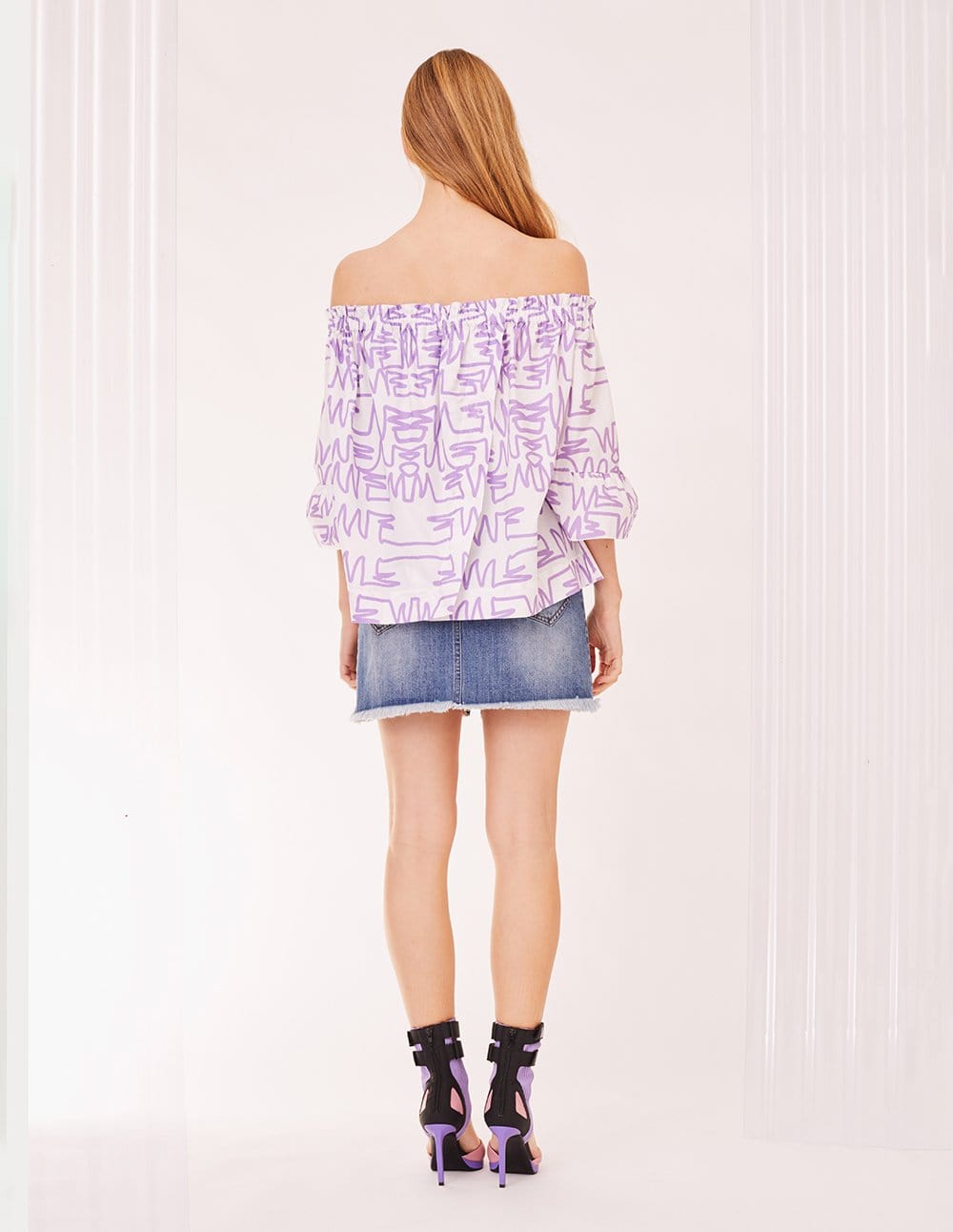 Women Mf Graffiti Pattern Off-Shoulder Wide Sleeve Blouse