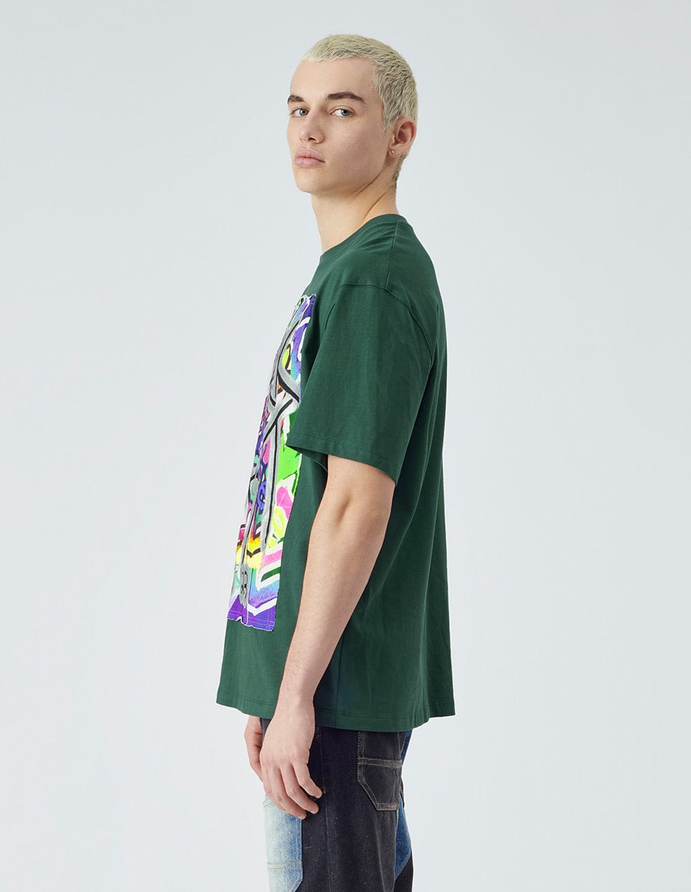 Unisex style dark green printed loose short-sleeved T-shirt