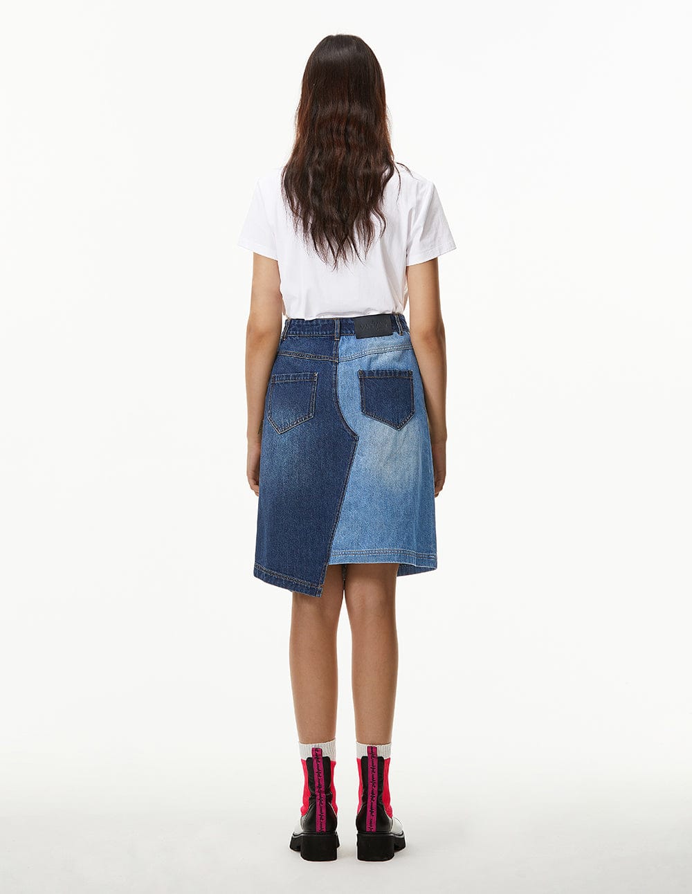 Women Color Block Asymmetric Denim Skirt