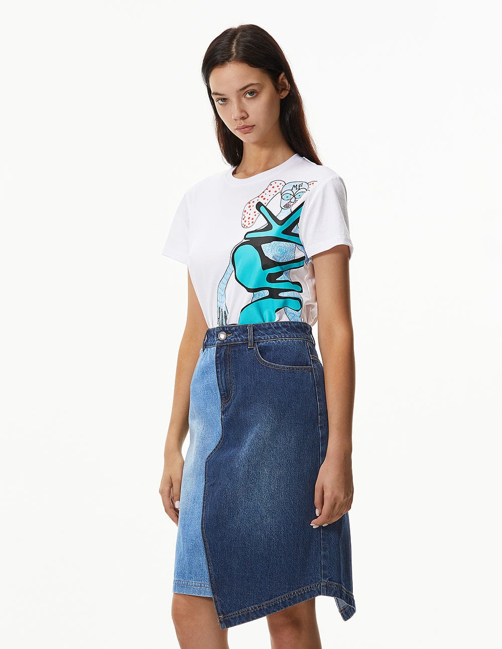 Women Color Block Asymmetric Denim Skirt