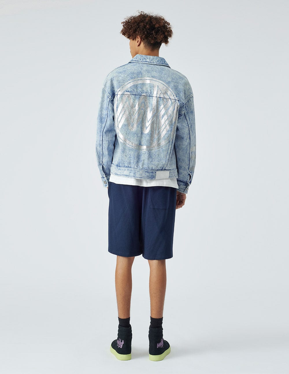 Unisex blue printed washed denim jacket