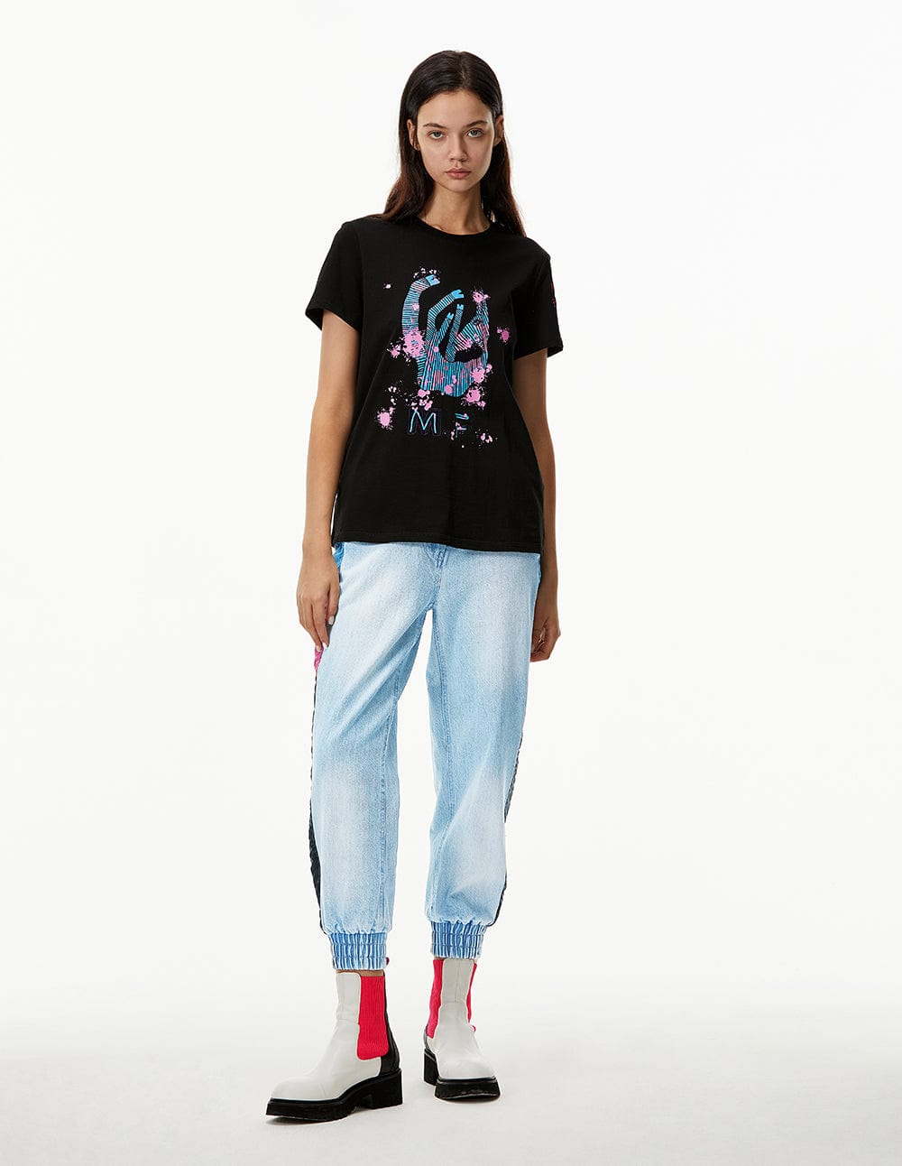 Women Down Fabric Patch Denim Jogger Jeans