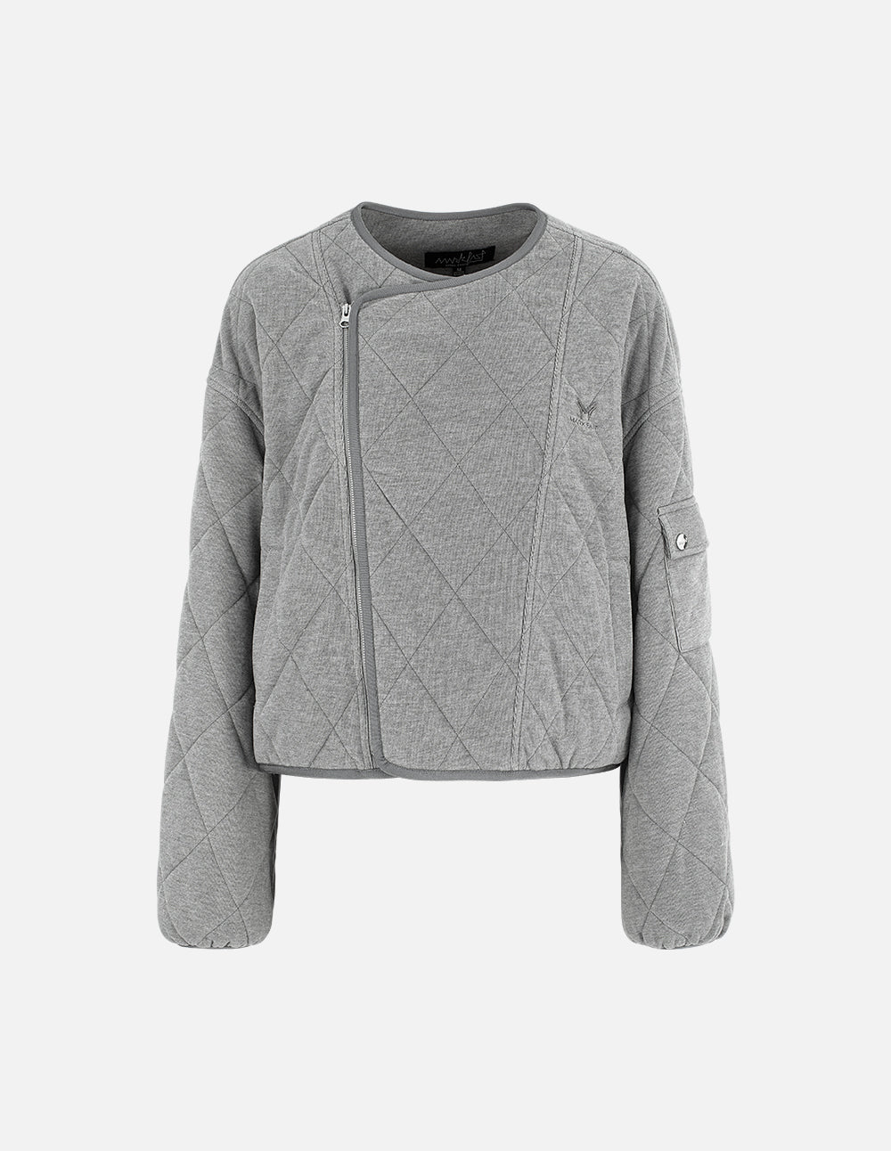 MF round neck, diagonal placket, diamond quilted, versatile floral gray cotton coat