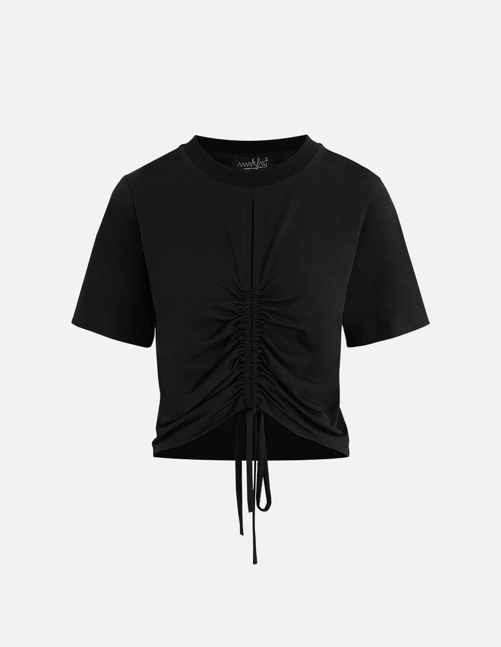 Women's Pleated Drawstring Crew Neck Cropped T-Shirt