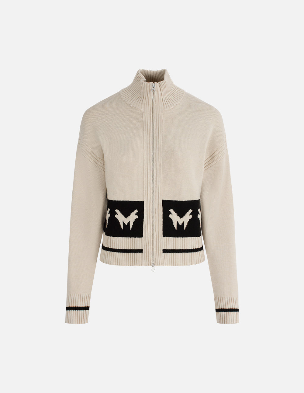 MF light beige ribbed stand collar zipper patchwork monster print knit open front