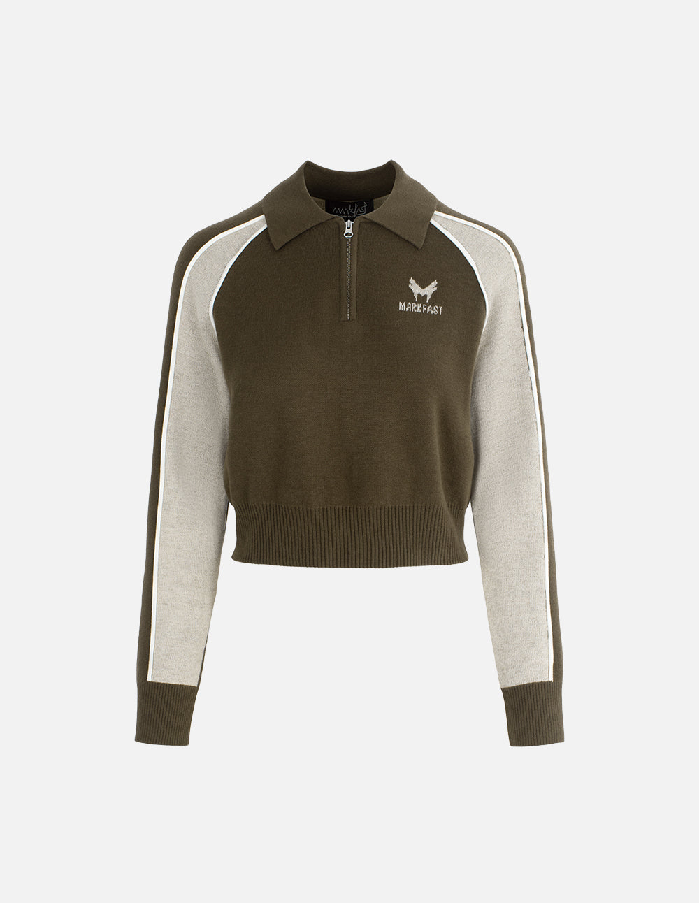 MF gray olive green contrast elastic ribbed waist lapel knitted sweatshirt