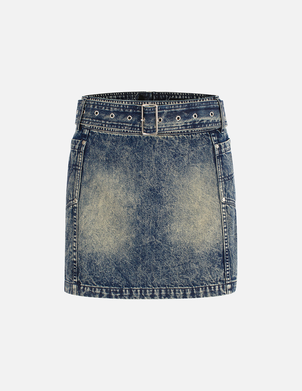 MF dark blue washed wide belt short A-line denim skirt