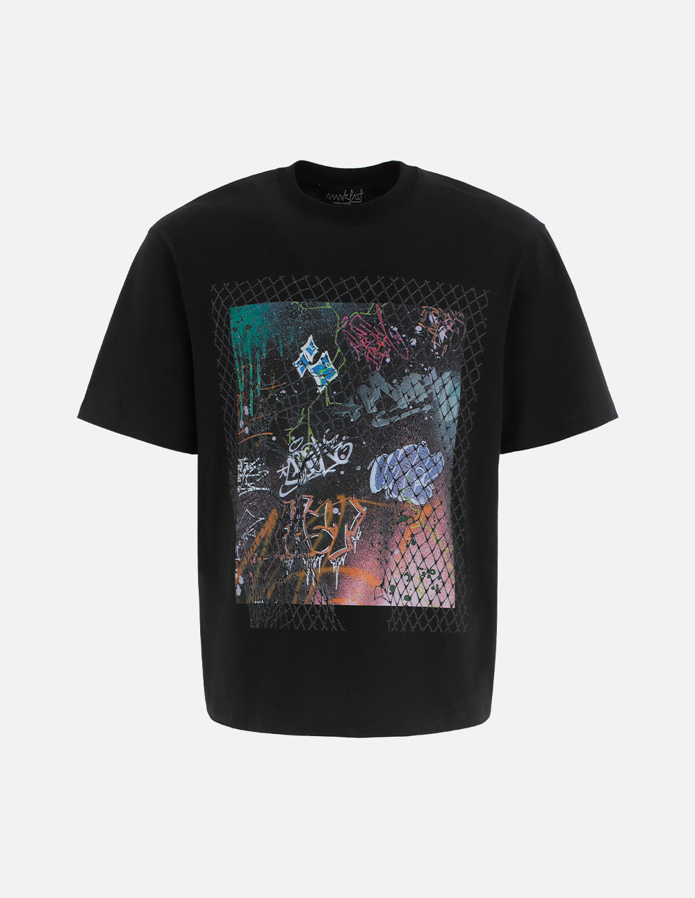 MF Unisex Threaded Small Round Neck Grid Lightning Pattern Abstract Print Loose Cotton T-Shirt