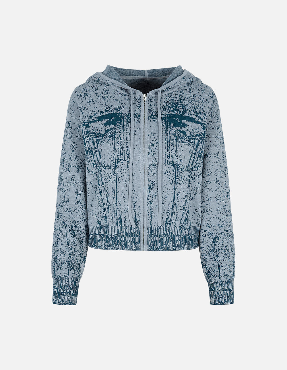 Denim Print Series Denim Blue Hooded Knitted Cardigan