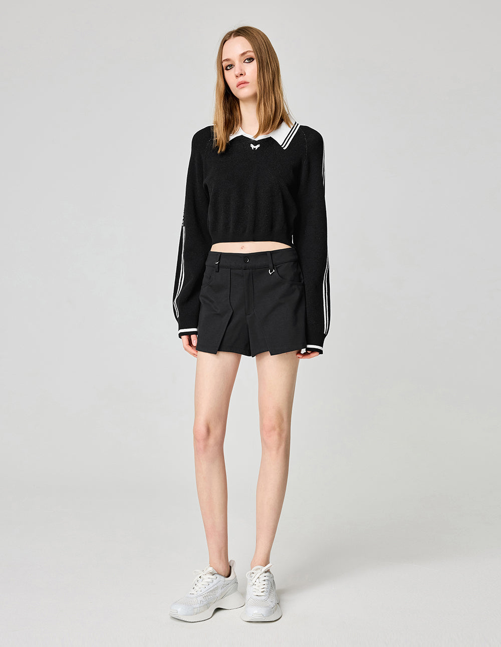 Women's Black Lapel Sports Knit Pullover