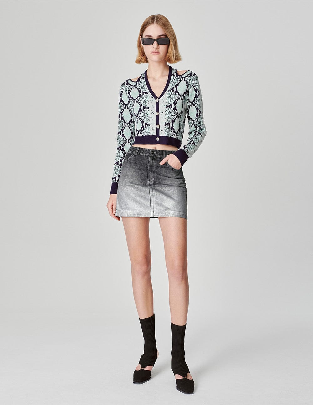 Women's Bright Silver Printed Washed Denim Skirt