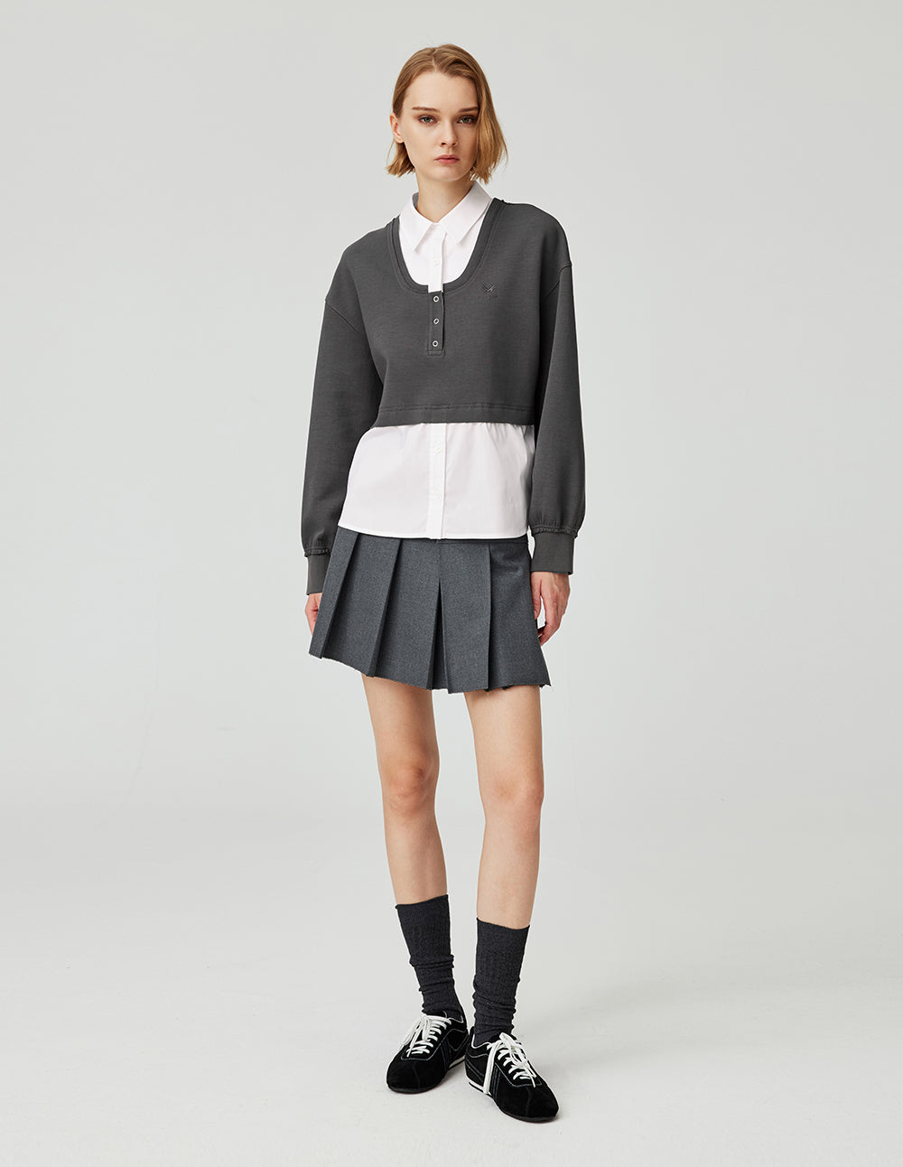 MF college style needlepoint stitching space gray contrast white shirt