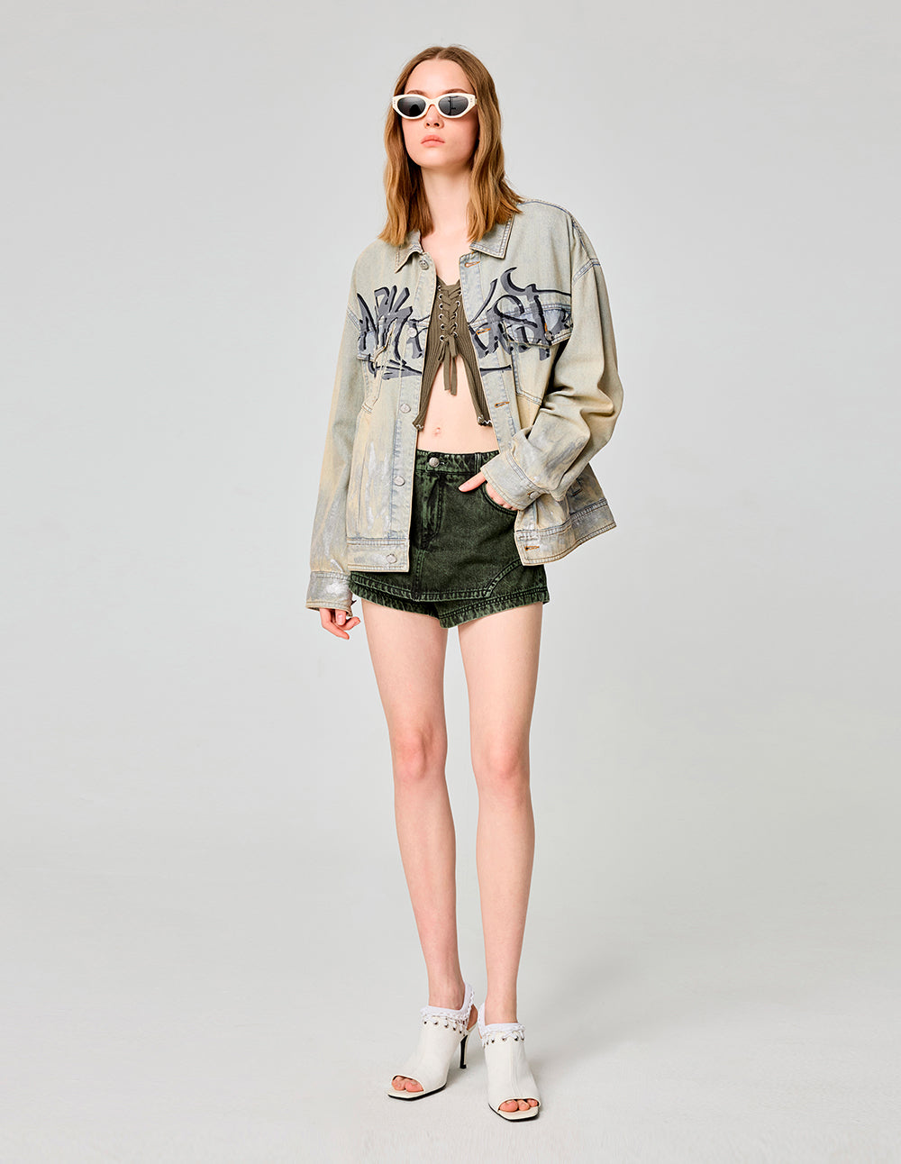 MF Artistic Hand-Painted Lettering Printed Washed Denim Jacket