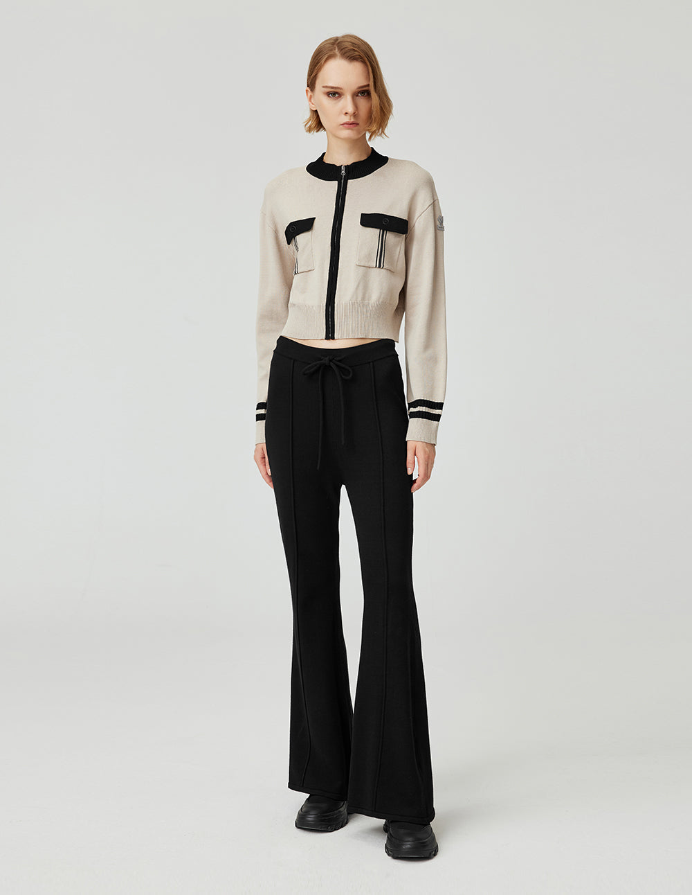 MF all-match contrast color round neck slim basic knitted cardigan