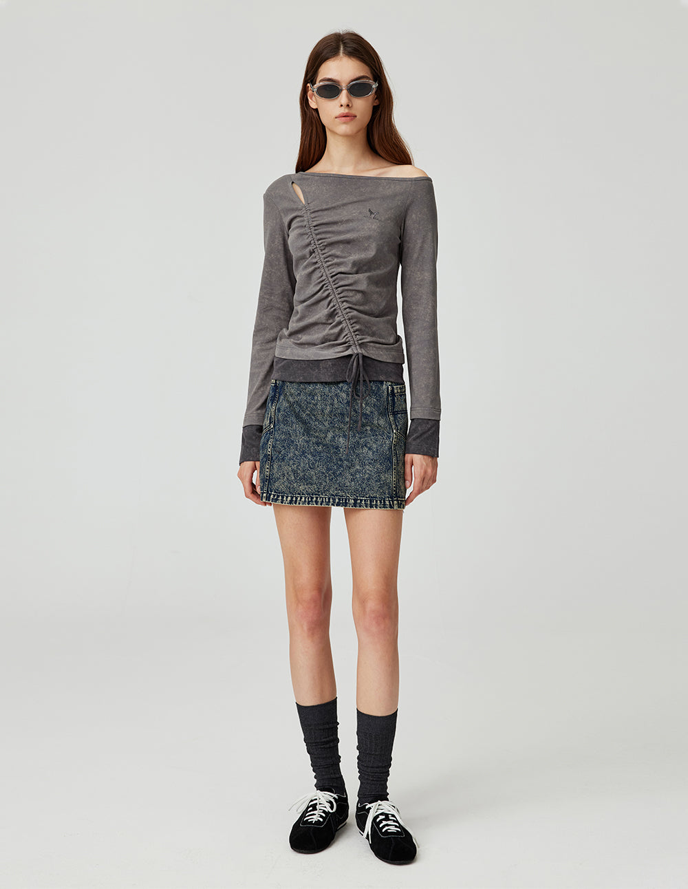 MF one-shoulder oblique elastic pleated lace-up gray top