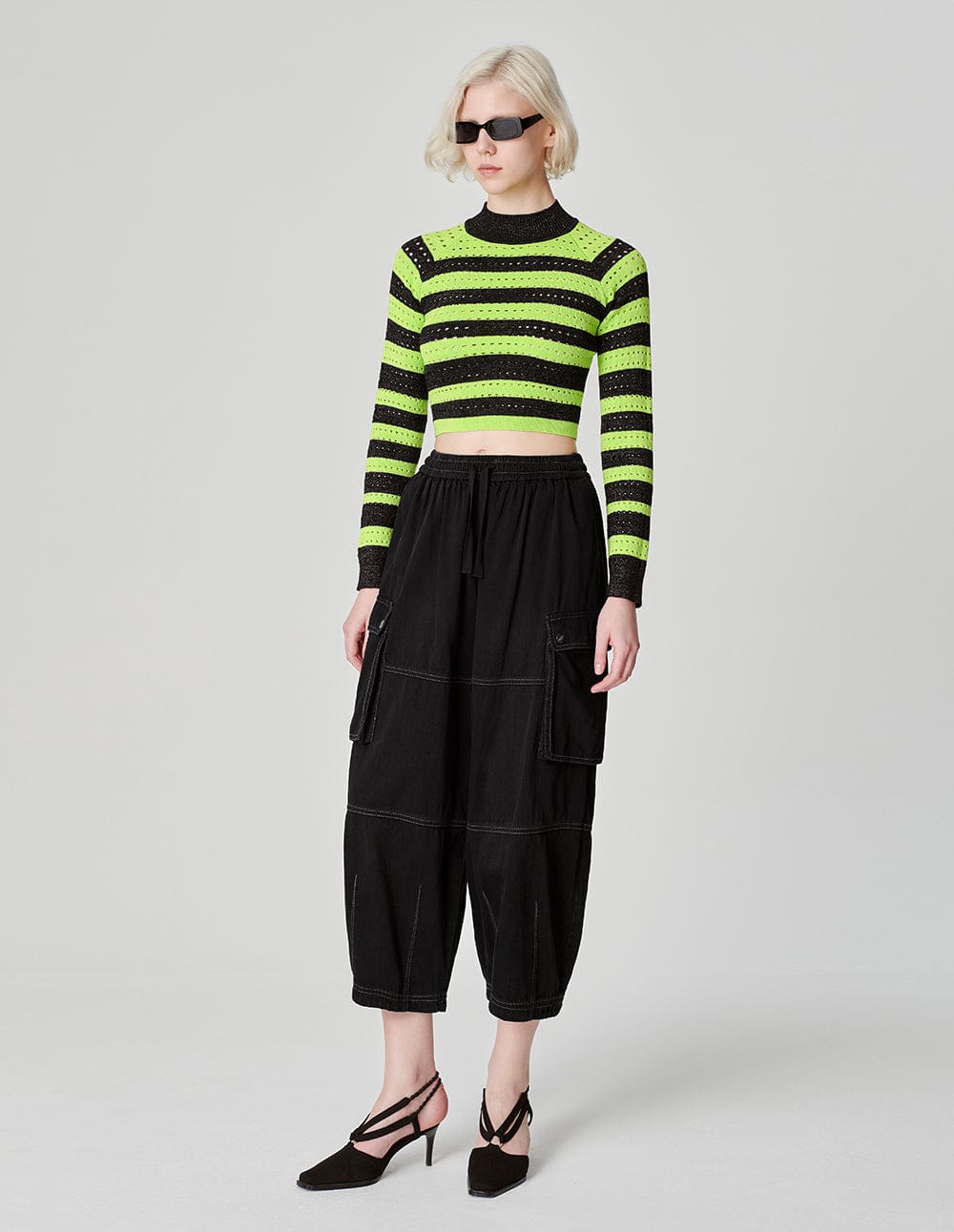 Women's Fluorescent Green Contrast Striped Sweater